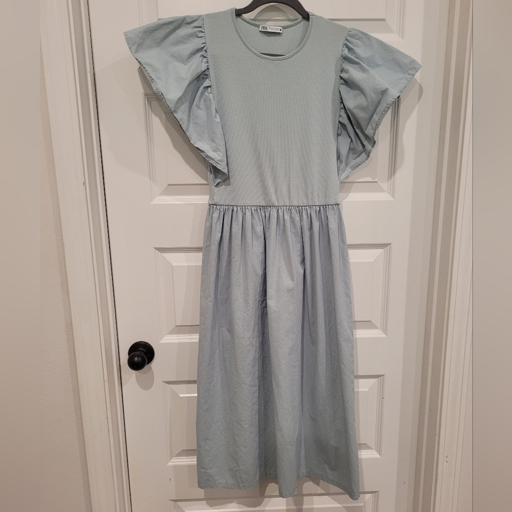 Zara Ruffled Sleeve Blue Dress, Large